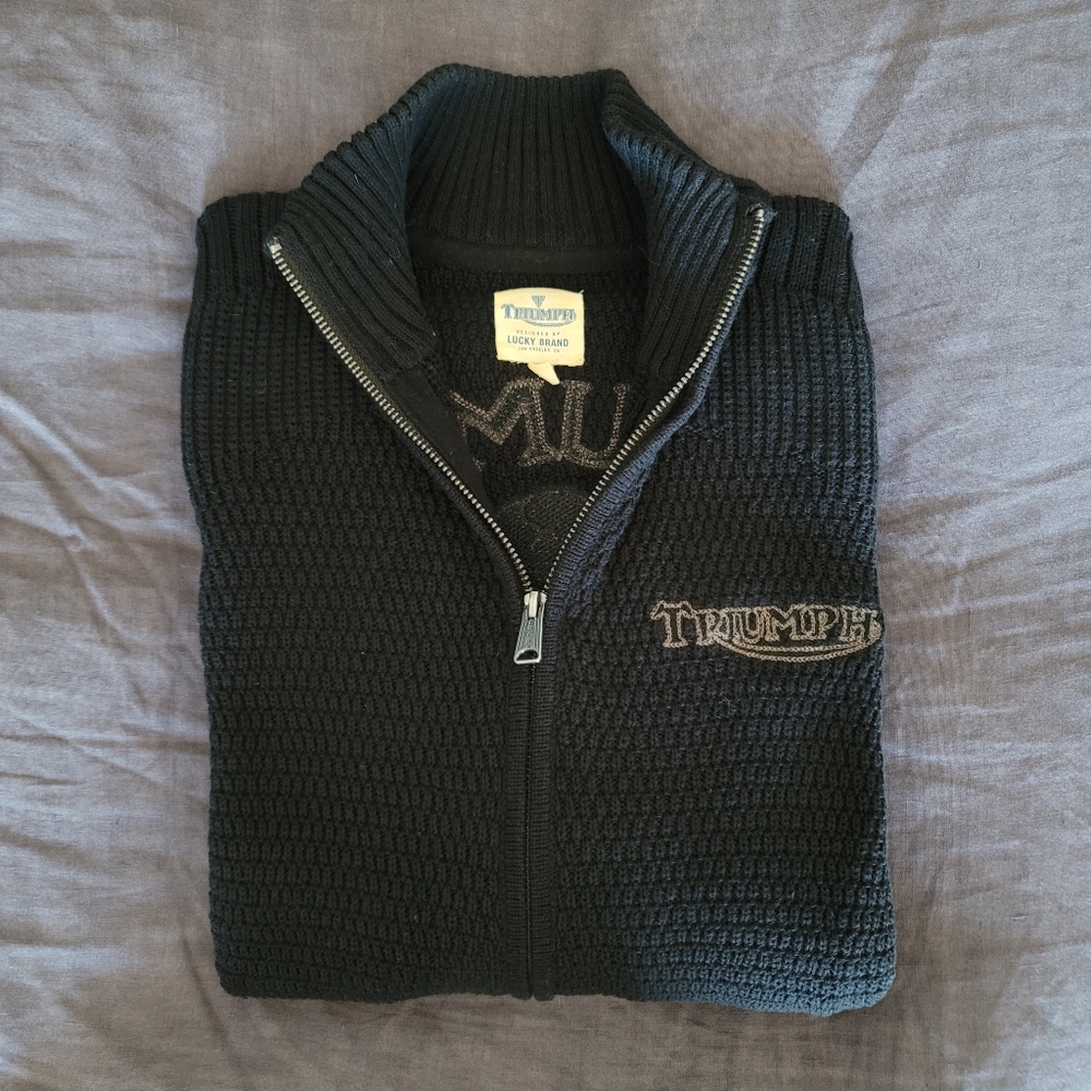 Like New LuckyMen's Black Knit Zip Up Sweater with Triumph Moto Logo